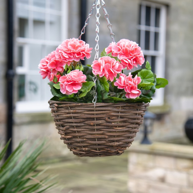 a pink geranium hanging basket
