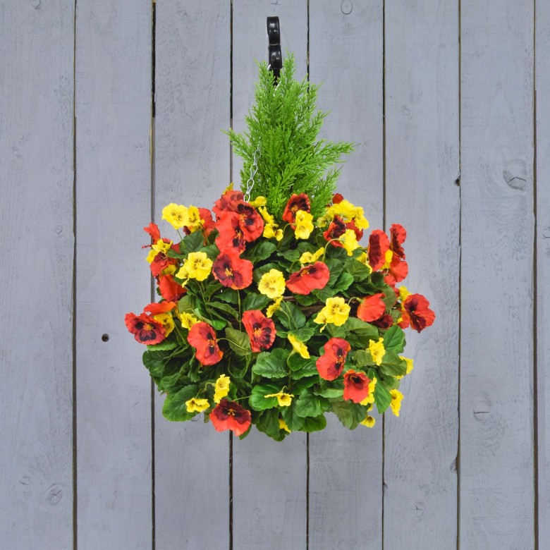 red and yellow pansy hanging basket