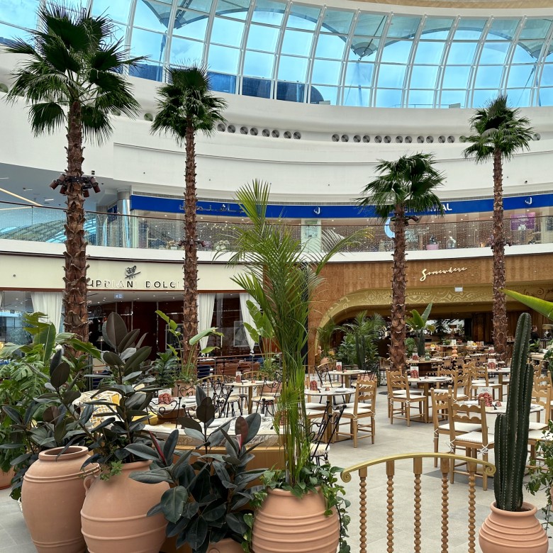 artificial washingtonia palms displayed in shopping centre