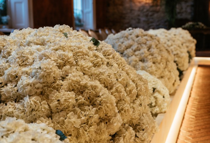 Hortensias de imitación en el pasillo del Hotel Croft