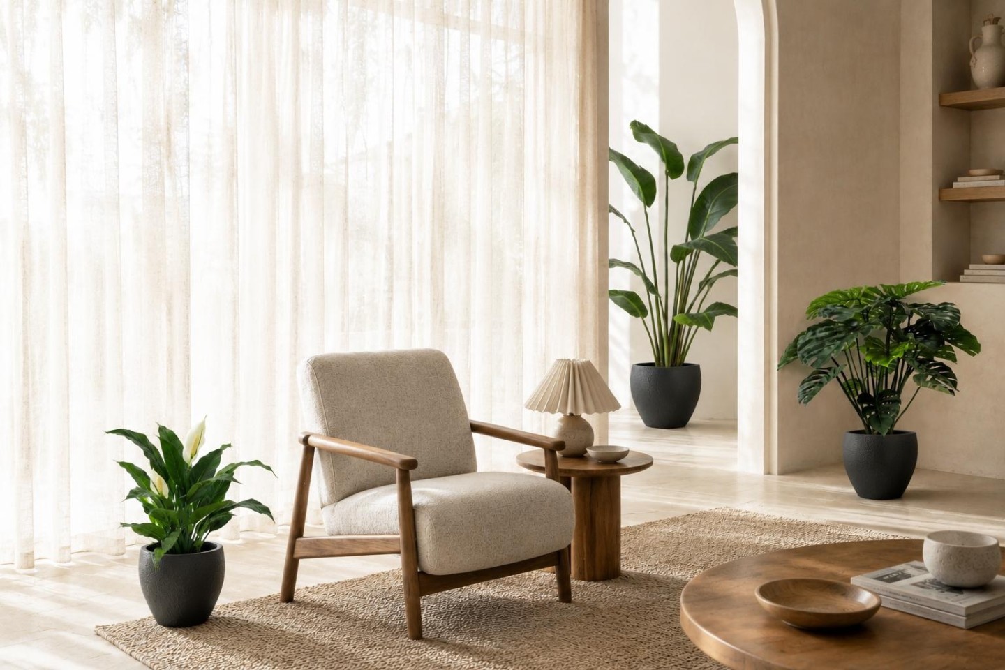 La imagen muestra un espacio de oficinas moderno y luminoso, decorado con diversas plantas de interior, entre las que se incluyen la monstera, la palmera pa y el lirio de la paz.