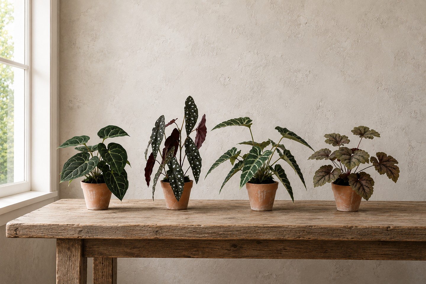 Un primer plano de una selección de plantas artificiales sobre una mesa de roble.